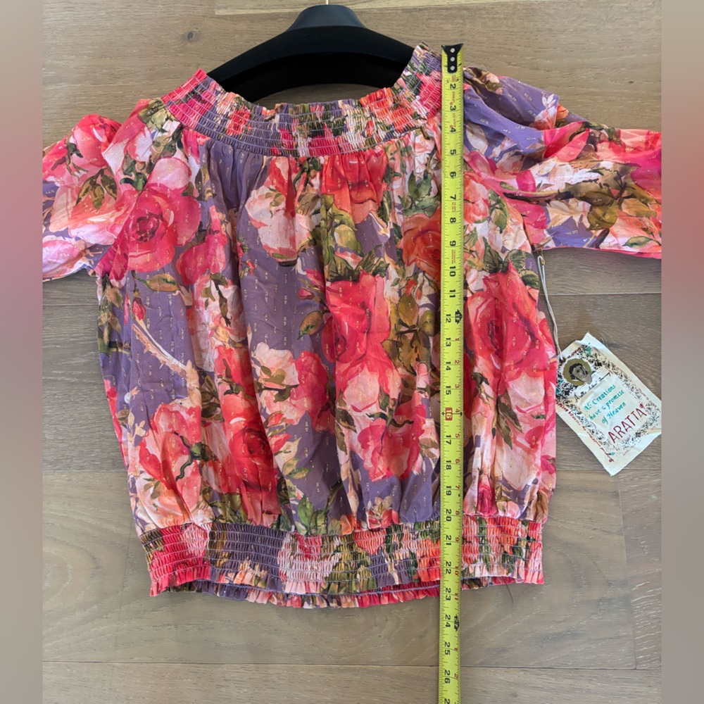 Aratta Rosaline Blouse Top Flowy Ruffle Off Shoulder Smocked Rose Floral Large - Picture 13 of 13